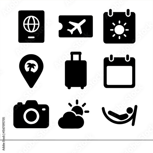 Vacation Icons Grid. Solid, filled icon set of vacation and leisure time: passport, flight ticket, summer calendar, beach location