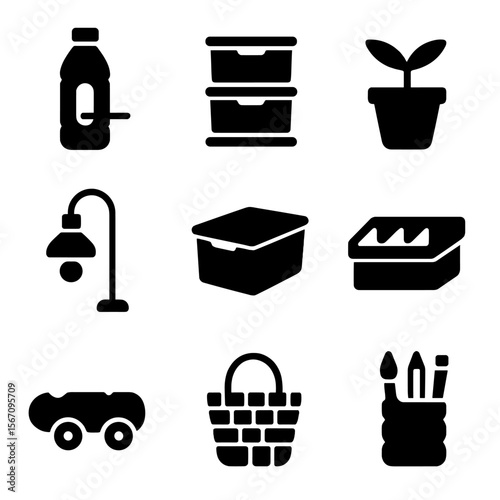 Plastic Reuse Icons. Solid, filled icon set of plastic reuse at home: bottle bird feeder, plastic drawer, upcycled planter, DIY