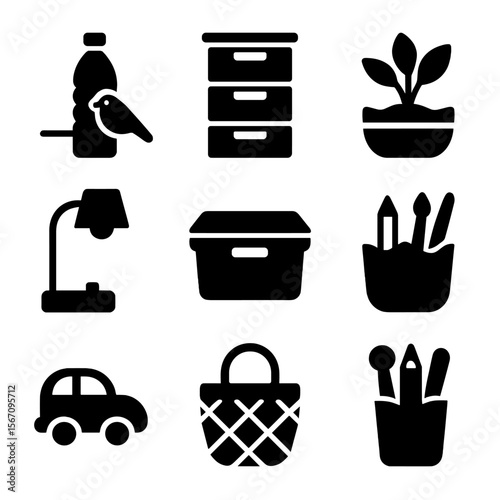 Plastic Reuse Icons. Solid, filled icon set of plastic reuse at home: bottle bird feeder, plastic drawer, upcycled planter, DIY