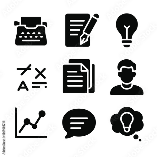 Playwriting Icons Grid. Solid, filled icon set of playwriting: typewriter, pen and paper, light bulb, editing marks, draft pages,