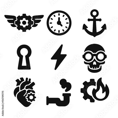 Steampunk Icon Grid. Solid, filled icon set of steampunk symbols and icons: gear with wings, clock face, anchor, keyhole,