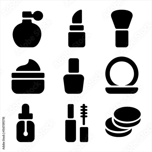 Vanity Icon Set. Solid, filled icon set of arranging cosmetics and skincare in a vanity: perfume bottle, lipstick, makeup brush,