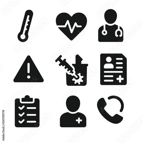 Vaccination Monitoring Icons. Solid, filled icon set of vaccination effects and monitoring: thermometer, heart rate, symptom chart