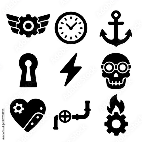 Steampunk Icon Grid. Solid, filled icon set of steampunk symbols and icons: gear with wings, clock face, anchor, keyhole,