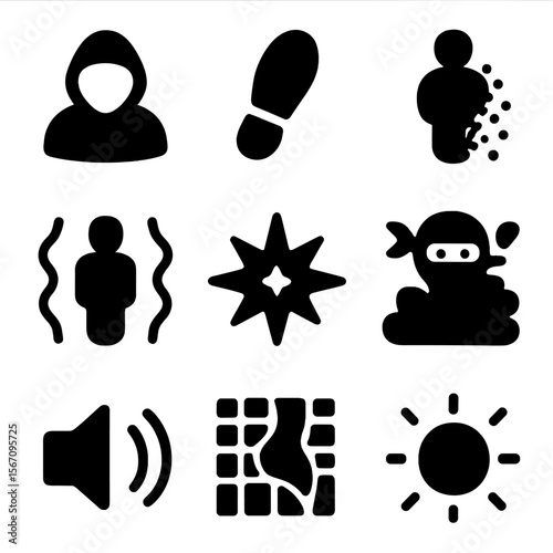 Stealth Teleportation Icons. Solid, filled icon set of stealth teleportation: shadow cloak, silent step, invisible trace, light