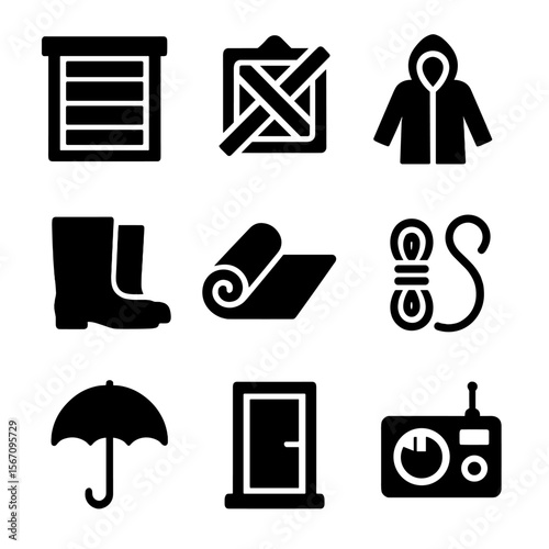 Storm Protection Icons. Solid, filled icon set of storm protection gear: storm shutter, boarded window, raincoat, rubber boots,
