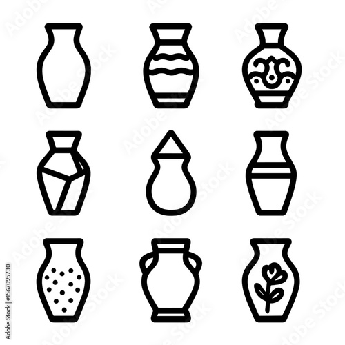 Vase Icon Collection. Solid, filled icon set of vase styles: minimalist vase, rustic vase, ornate vase, geometric vase, hanging