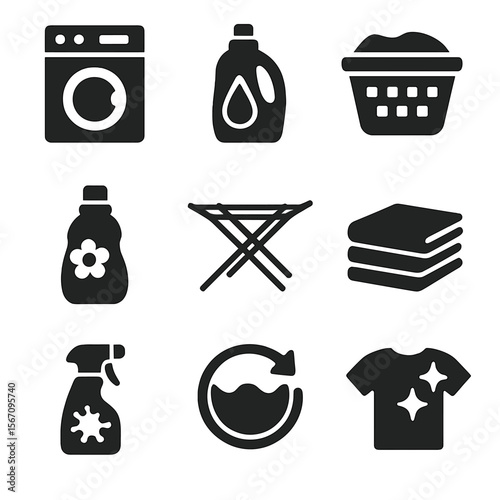 Laundry Icons Grid. Solid, filled icons set of laundry and clothing hygiene: washing machine, detergent bottle