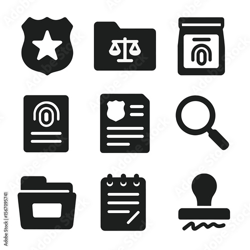 Law Enforcement Icons. Solid, filled icons set of law enforcement agents handling legal documentation and