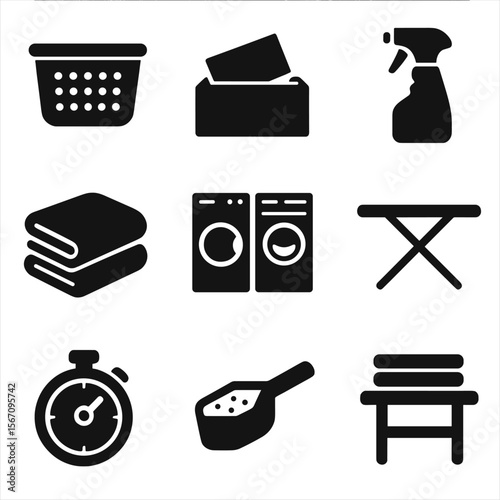 Laundry Room Icons. Solid, filled icons set of laundry room tools for towels: laundry basket, dryer sheet box,