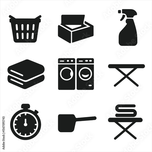 Laundry Room Icons. Solid, filled icons set of laundry room tools for towels: laundry basket, dryer sheet box,