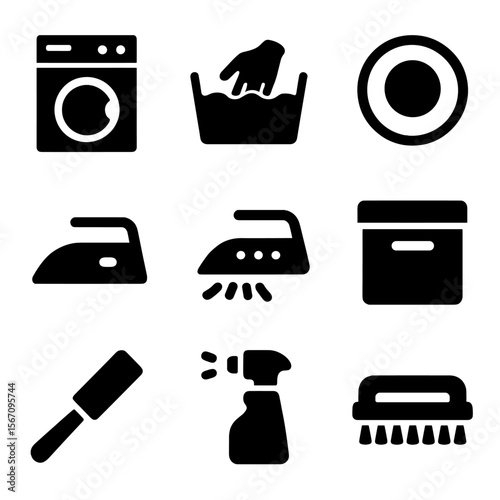 Velvet Care Icons. Solid, filled icon set of velvet fabric care: washing machine, hand wash, dry clean, iron, steam, storage box,