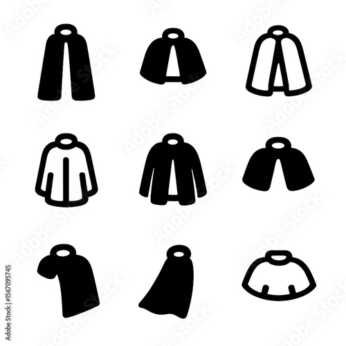 Variety of Capes Icons. Solid, filled icon set of cape types by length: floor-length cape, waist-length cape, shoulder cape,