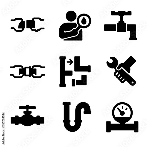 Plumbing Task Icons. Solid, filled icon set of common plumbing tasks: pipe installation, leak detection, pipe threading, pipe