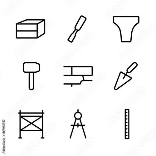Stone Masonry Icons. Outline icon set of stone masonry: stone block, chisel, keystone, mallet, mortar joint, trowel, scaffolding,