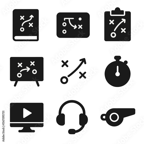 Strategy Icons Grid. Solid, filled icon set of team strategy and tactics: playbook, formation, clipboard, tactics board, strategy