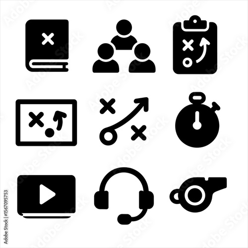Strategy Icons Grid. Solid, filled icon set of team strategy and tactics: playbook, formation, clipboard, tactics board, strategy