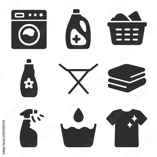 Laundry Icons Grid. Solid, filled icons set of laundry and clothing hygiene: washing machine, detergent bottle