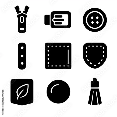 Vegan Leather Icon Set. Solid, filled icon set of vegan leather fashion details: zipper, buckle, button, strap, stitching, patch,