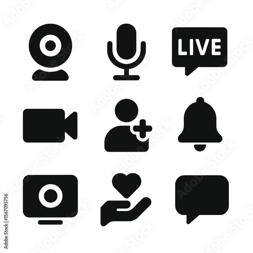 Streaming Icons Grid. Solid, filled icon set of streaming and content creation: webcam, microphone, live chat, video camera,