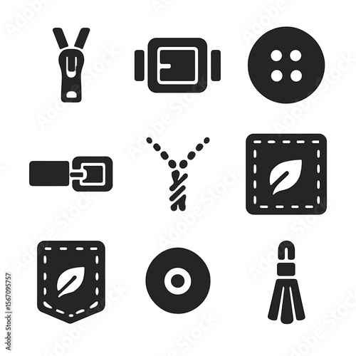 Vegan Leather Icon Set. Solid, filled icon set of vegan leather fashion details: zipper, buckle, button, strap, stitching, patch,