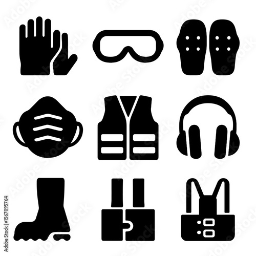 Plumbing Safety Icons. Solid, filled icon set of plumbing safety gear: safety gloves, goggles, knee pads, dust mask, helmet,