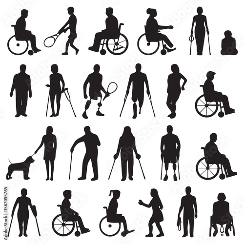 Diverse silhouettes of people with disabilities engaging in various activities