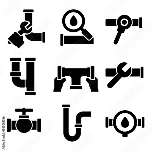 Plumbing Task Icons. Solid, filled icon set of common plumbing tasks: pipe installation, leak detection, pipe threading, pipe