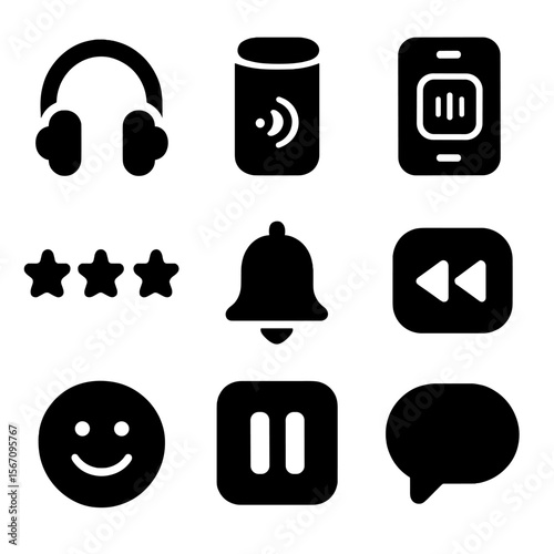 Podcast Listener Icons. Solid, filled icon set of podcast listener experience: earphones, smart speaker, phone playback, rating
