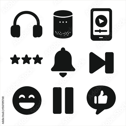 Podcast Listener Icons. Solid, filled icon set of podcast listener experience: earphones, smart speaker, phone playback, rating