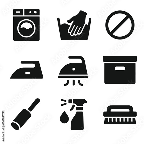 Velvet Care Icons. Solid, filled icon set of velvet fabric care: washing machine, hand wash, dry clean, iron, steam, storage box,