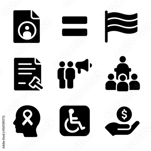 Policy and Advocacy Icons. Solid, filled icon set of policy and advocacy: inclusion policy, equality symbol, diversity flag, legal