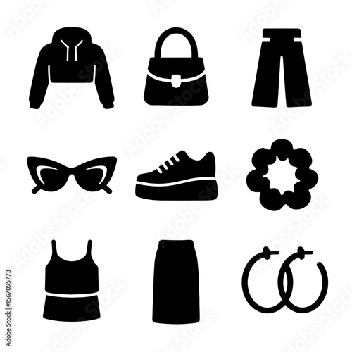 Street Fashion Icons. Solid, filled icon set of street fashion essentials for women: crop hoodie, mini bag, wide-leg jeans,