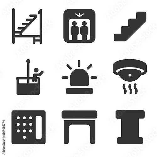 Vertical Infrastructure Icons. Solid, filled icon set of vertical infrastructure: fire escape, elevator car, stairwell, window