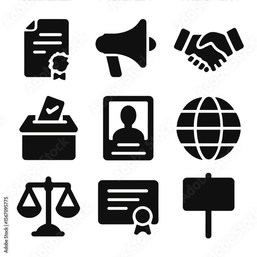 Policy Icons Grid. Solid, filled icon set of policy and advocacy: law document, megaphone, handshake, ballot box, campaign poster,