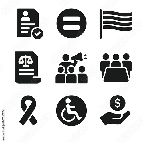 Policy and Advocacy Icons. Solid, filled icon set of policy and advocacy: inclusion policy, equality symbol, diversity flag, legal