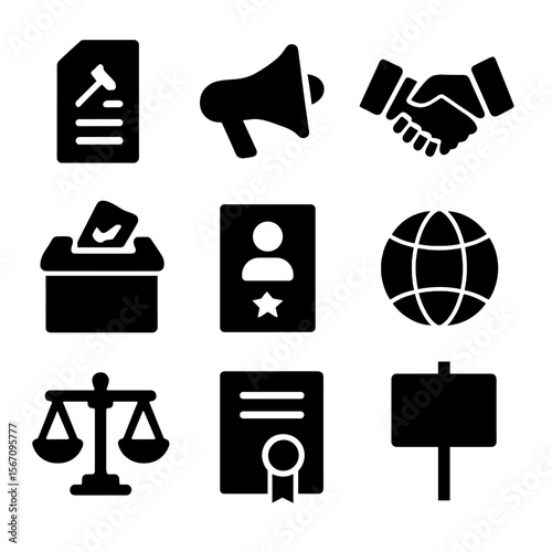 Policy Icons Grid. Solid, filled icon set of policy and advocacy: law document, megaphone, handshake, ballot box, campaign poster,