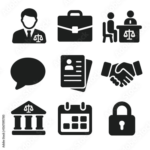 Lawyer-Client Icons Grid. Solid, filled icons set of lawyer-client interactions: lawyer icon, briefcase, legal