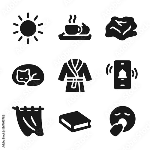 Lazy Morning Icons. Solid, filled icons set of lazy morning bedroom moments: sunbeam icon, breakfast tray,
