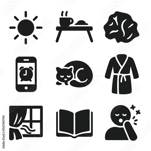 Lazy Morning Icons. Solid, filled icons set of lazy morning bedroom moments: sunbeam icon, breakfast tray,