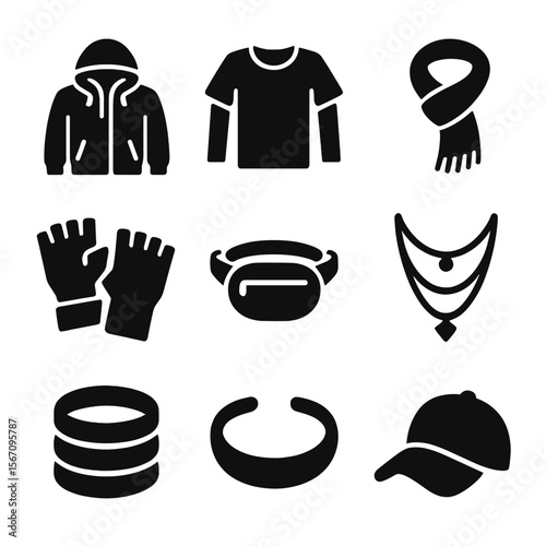 Street Style Icon Set. Solid, filled icon set of street style layering: hoodie under jacket, long sleeve under tee, scarf,