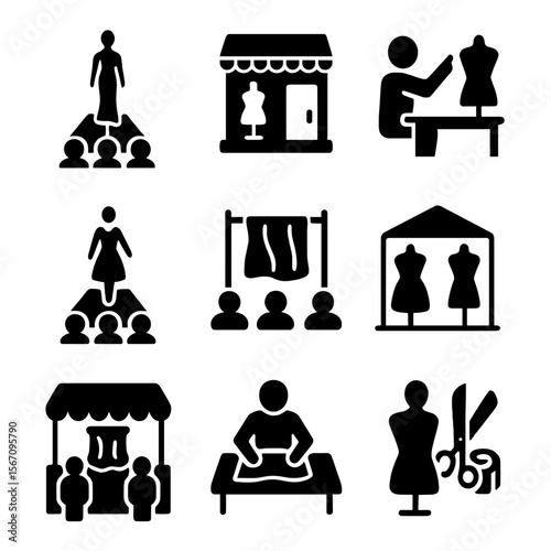 Velvet Fabric Icon Set. Solid, filled icon set of velvet fabric events: fashion show, boutique, designer, runway, fabric