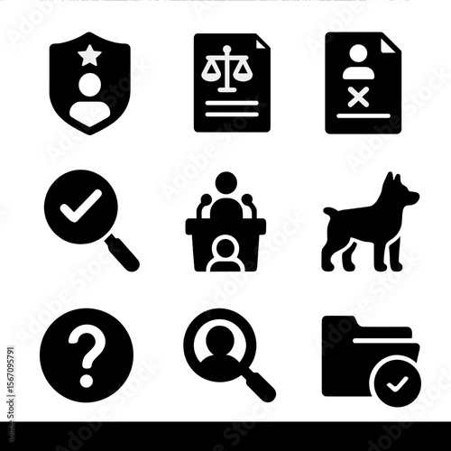 Political Accountability Icons. Solid, filled icon set of political accountability: responsibility badge, ethics report,