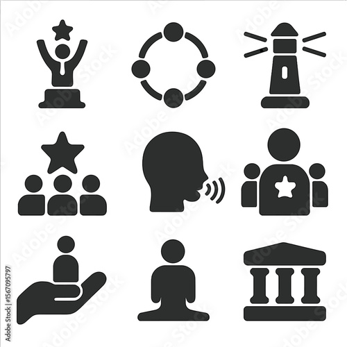 Leadership Icons Set. Solid, filled icons set of local leadership and empowerment: leadership icon, trust