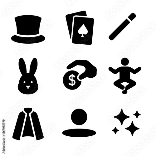 Street Magic Icons. Solid, filled icon set of street magic shows: magician hat, deck of cards, wand, rabbit, coin trick,