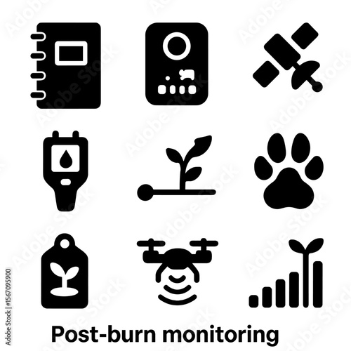 Post-Burn Monitoring Icons. Solid, filled icon set of post-burn monitoring: field notebook, camera trap, satellite view, moisture