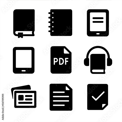 Study Tools Icons. Solid, filled icon set of textbook formats: hardcover, spiral notebook, e-book reader, tablet, pdf document,