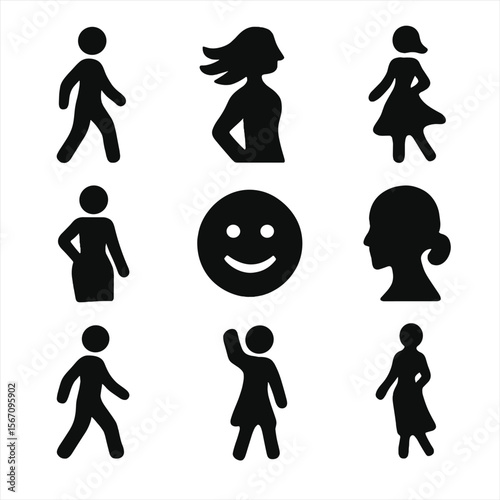 Stylish Pose Icons. Solid, filled icon set of model poses and movements: walking figure, hair blowing, dress flowing, hand on hip,