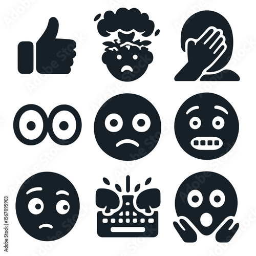 Viral Reaction Icons. Solid, filled icon set of viral internet reactions: thumbs up, exploding brain, facepalm, eyes wide open,