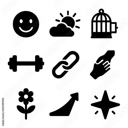 Icons of Positivity. Solid, filled icon set of overcoming sadness: smile emerging, sun breaking clouds, open cage, lifting weight,